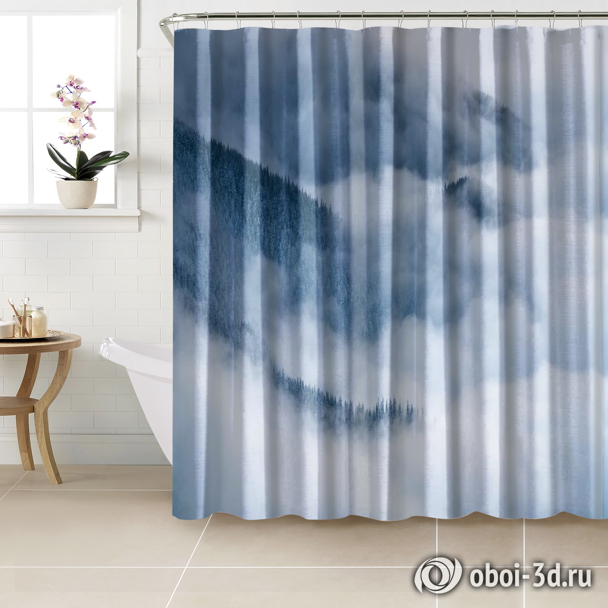 картинка Шторы для ванной «Еловые склоны в голубом тумане» | интернет-магазин фотообоев ARTDECO