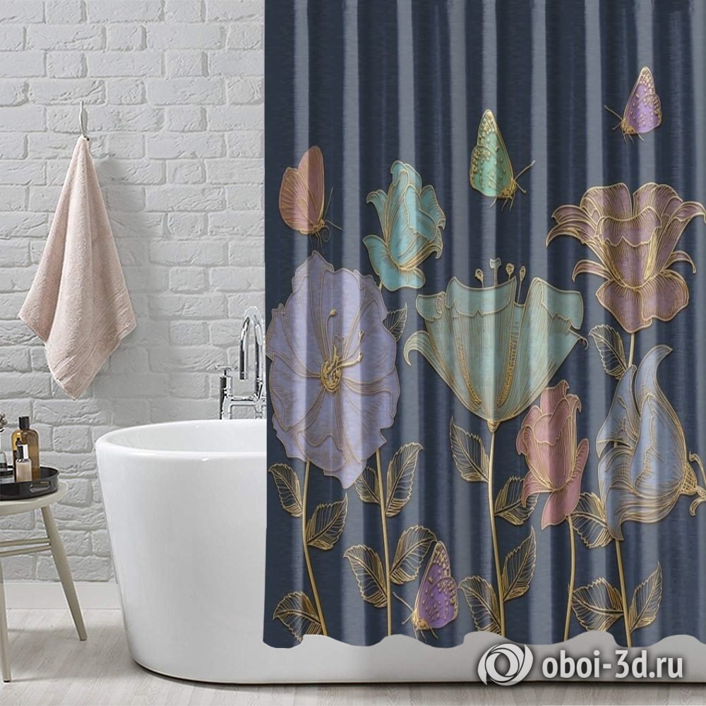 картинка Шторы для ванной «Яркие цветы с золотым тиснением» | интернет-магазин фотообоев ARTDECO