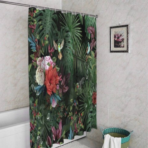 картинка 3D занавеска в ванную комнату «Райские птицы» | интернет-магазин фотообоев ARTDECO