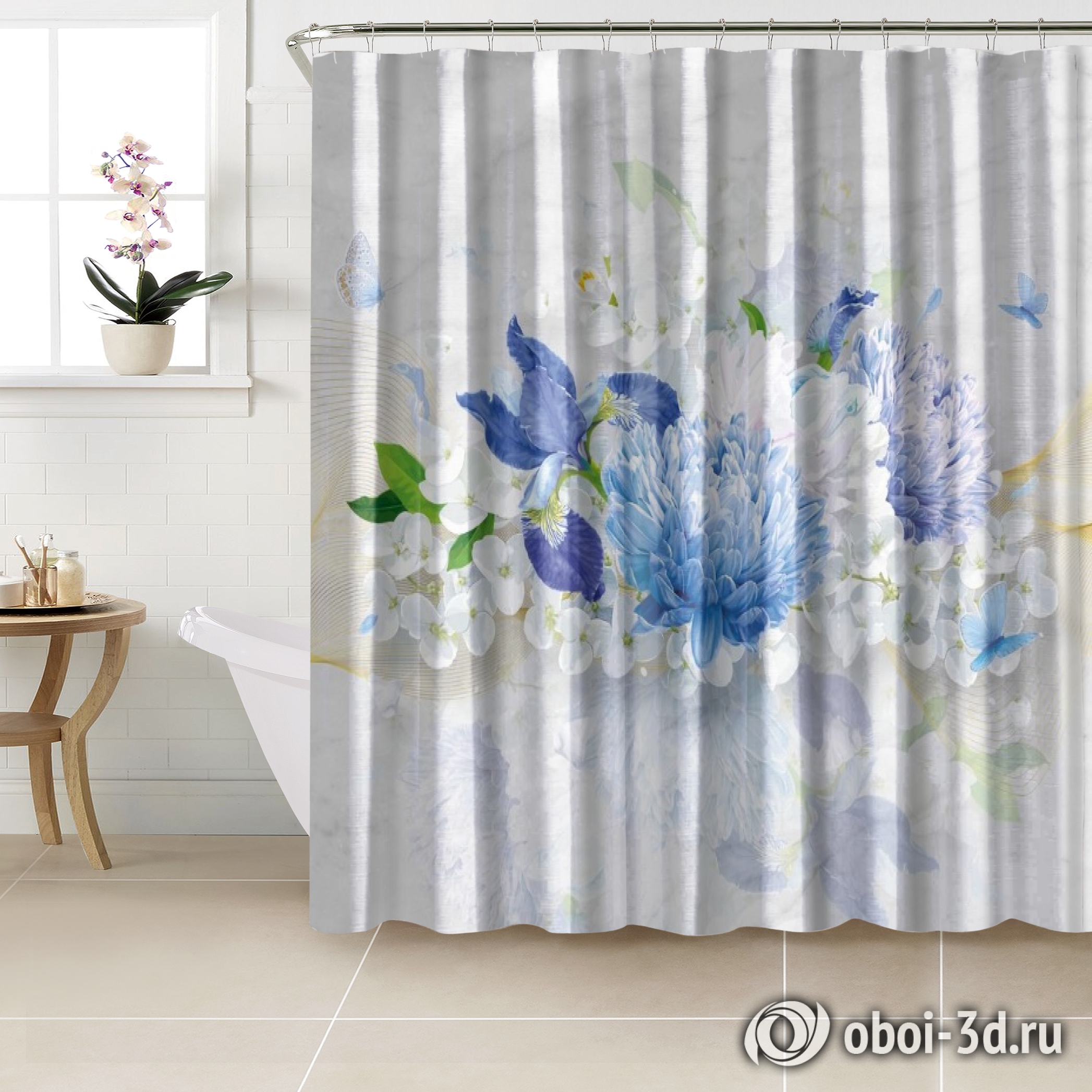 картинка Шторы для ванной «Небесно-голубые цветы» | интернет-магазин фотообоев ARTDECO