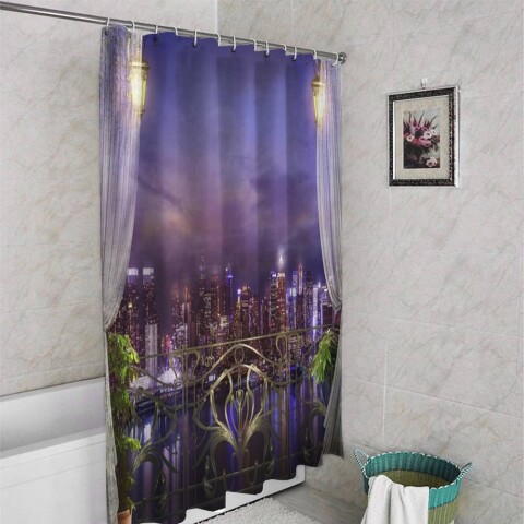 картинка 3D занавеска для ванны «Балкон в ночном городе» | интернет-магазин фотообоев ARTDECO