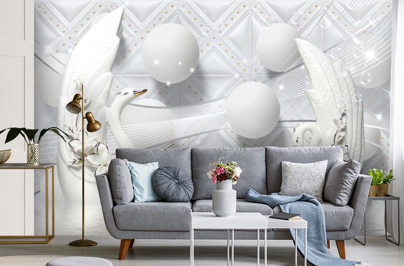 картинка 3D Фотообои «Керамические лебеди с белыми шарами» | интернет-магазин фотообоев ARTDECO