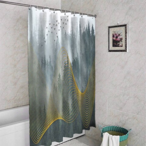 картинка 3D занавеска в ванную комнату «Туман над лесом» | интернет-магазин фотообоев ARTDECO