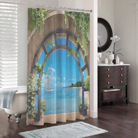 картинка 3D шторка для ванны «Окно с видом на море» | интернет-магазин фотообоев ARTDECO