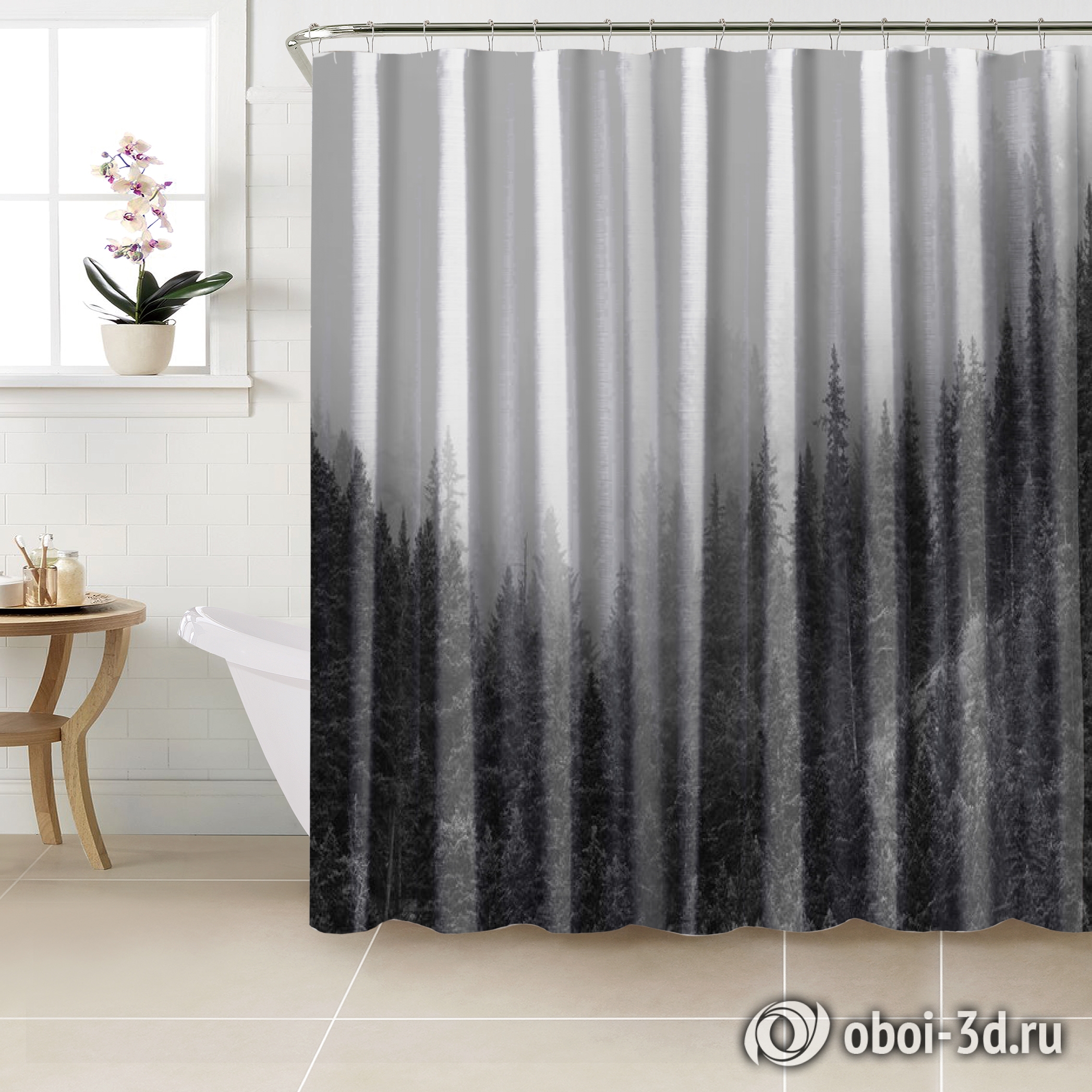 картинка Шторы для ванной «Черно-белый лес в тумане» | интернет-магазин фотообоев ARTDECO