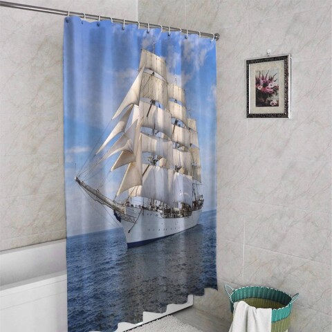 картинка 3D штора для ванной «Белый парусник» | интернет-магазин фотообоев ARTDECO