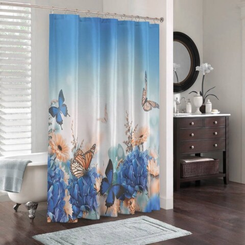 картинка 3D штора в ванную комнату «Синие бабочки» | интернет-магазин фотообоев ARTDECO