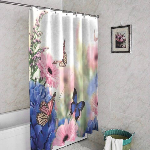 картинка Занавеска для ванной «Бабочки над герберами» | интернет-магазин фотообоев ARTDECO
