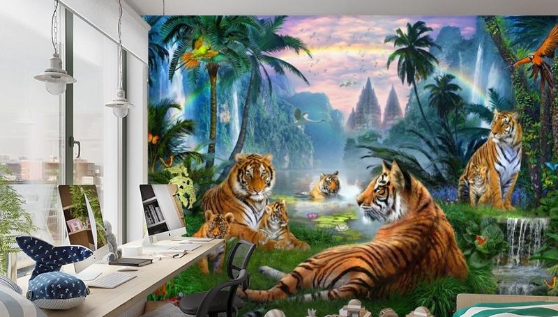 картинка 3D Фотообои «Тигры у водопадов» | интернет-магазин фотообоев ARTDECO