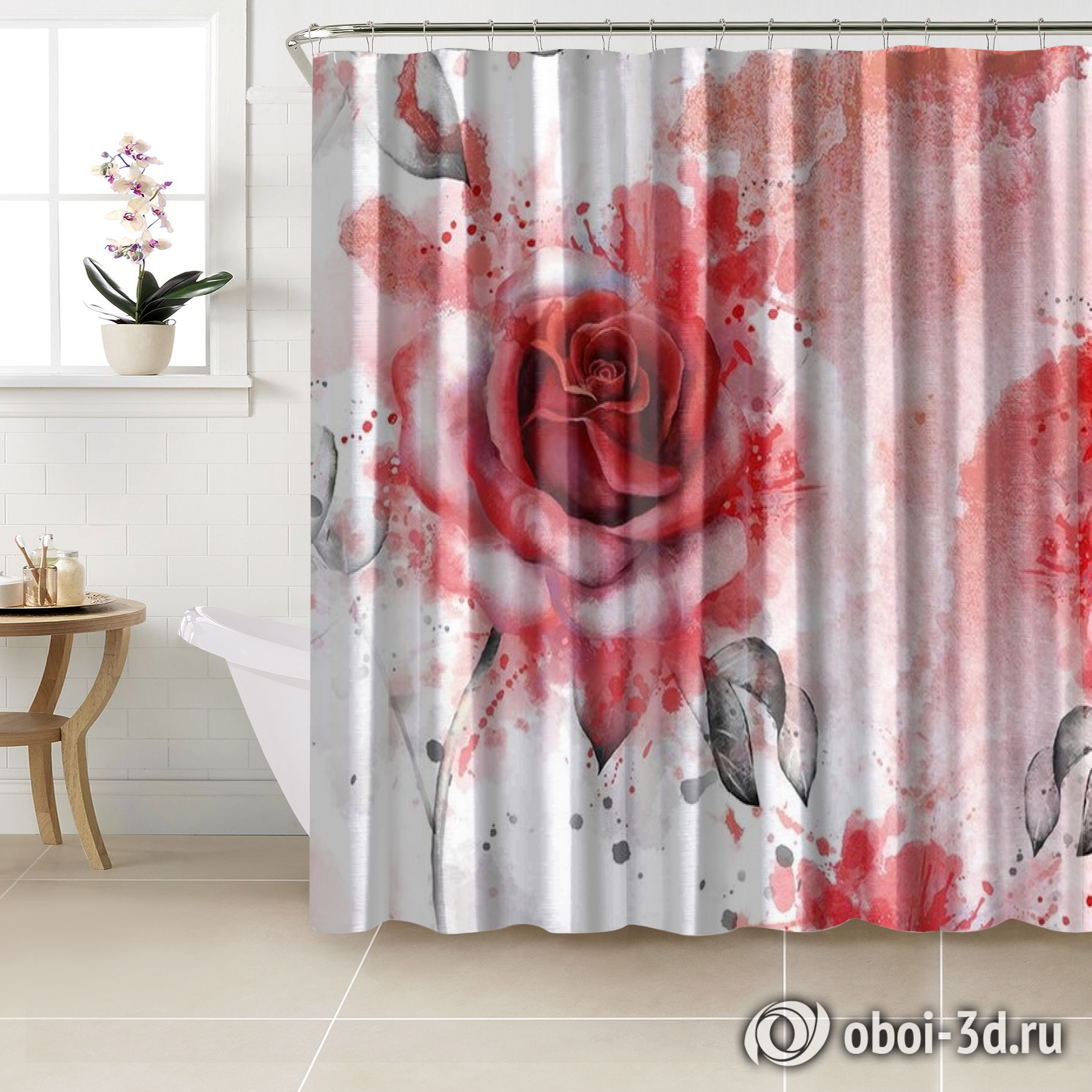 картинка Шторы для ванной «Алые розы в акварельной дымке» | интернет-магазин фотообоев ARTDECO