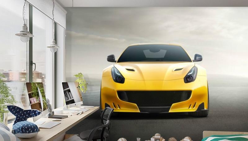 картинка 3D Фотообои «Желтый спортивный автомобиль» | интернет-магазин фотообоев ARTDECO