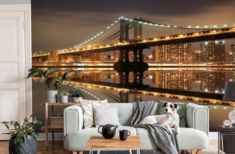 картинка 3D Фотообои  «Бруклинский мост: отражение в реке Гудзон» | интернет-магазин фотообоев ARTDECO
