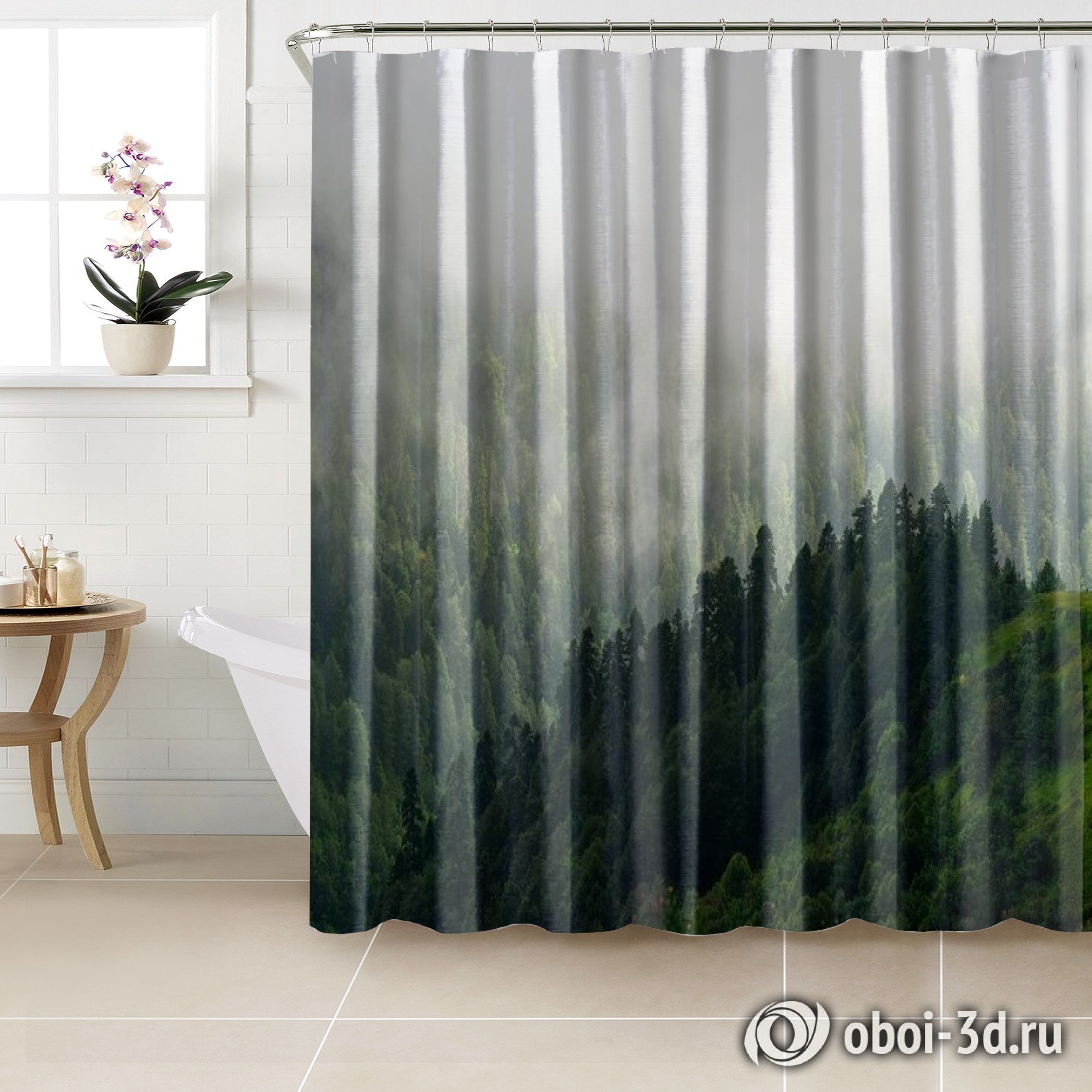 картинка Шторы для ванной «Туман над зелеными вершинами» | интернет-магазин фотообоев ARTDECO