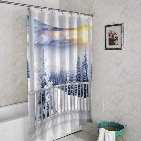картинка 3D фото занавеска для ванной «Вид с балкона на зимний лес» | интернет-магазин фотообоев ARTDECO