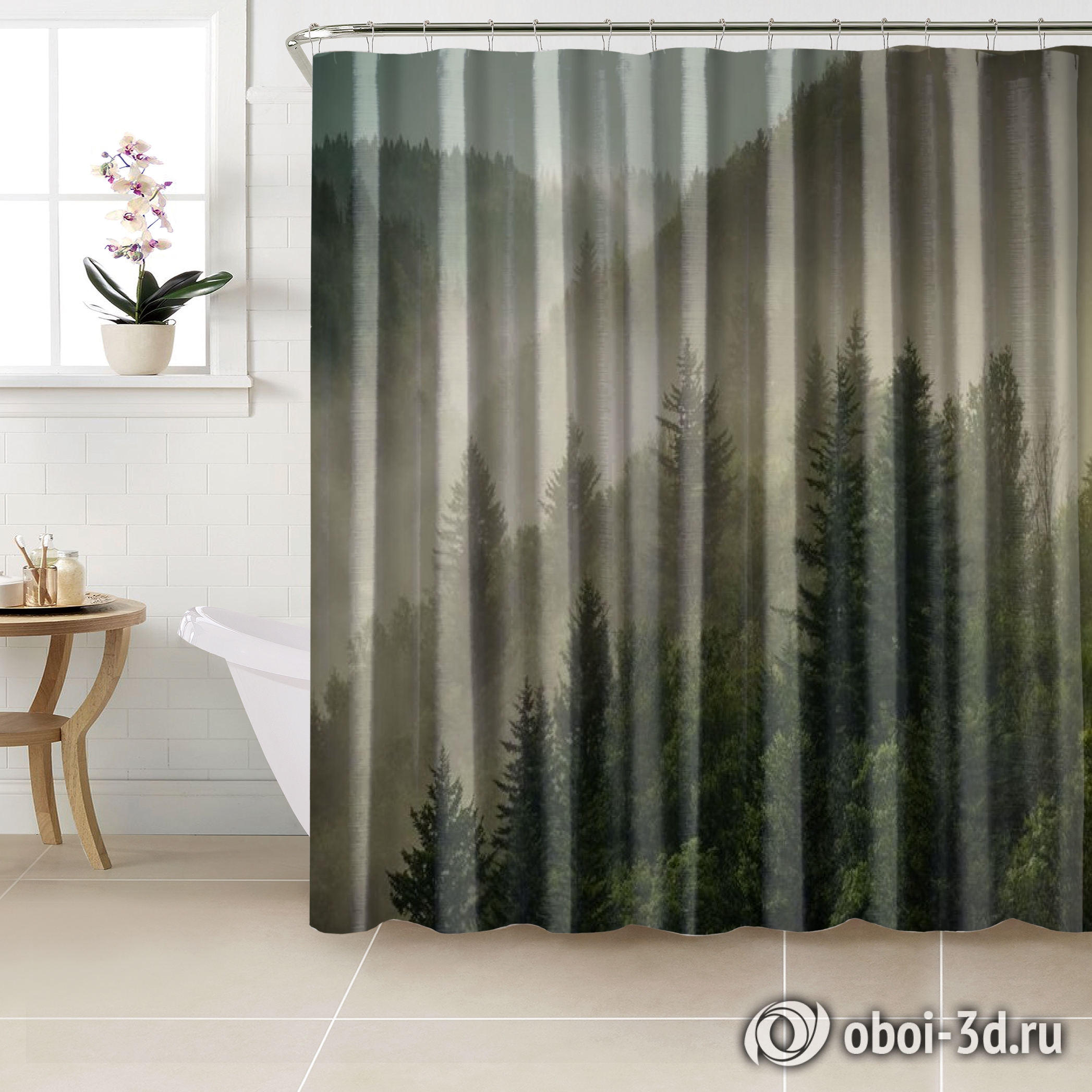 картинка Шторы для ванной «Туманный закат в лесу» | интернет-магазин фотообоев ARTDECO