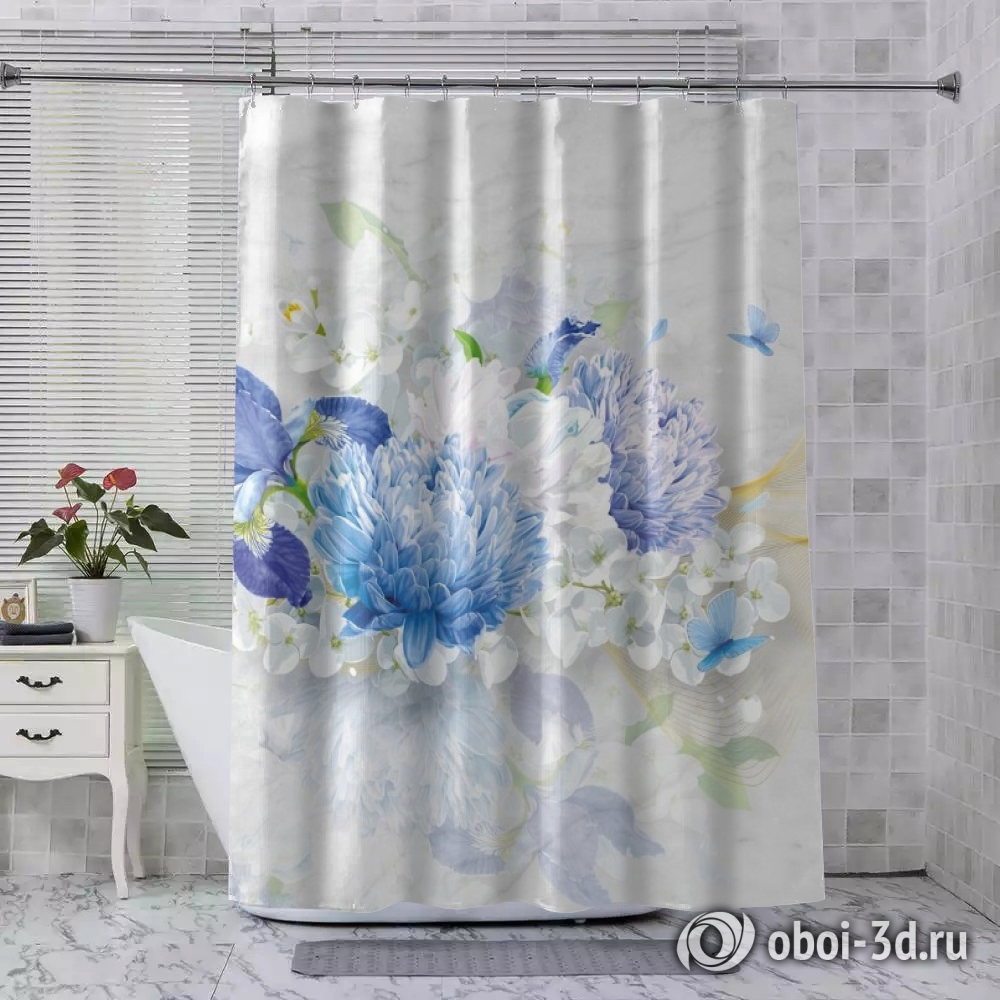 картинка Шторы для ванной «Небесно-голубые цветы» | интернет-магазин фотообоев ARTDECO