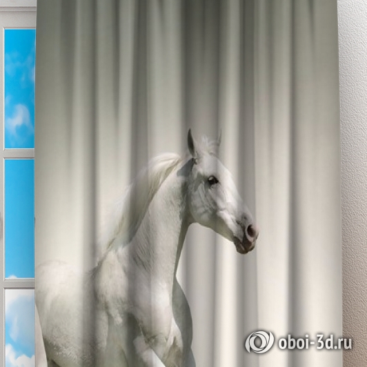 картинка Фотошторы «Белые лошади на сером фоне» | интернет-магазин фотообоев ARTDECO