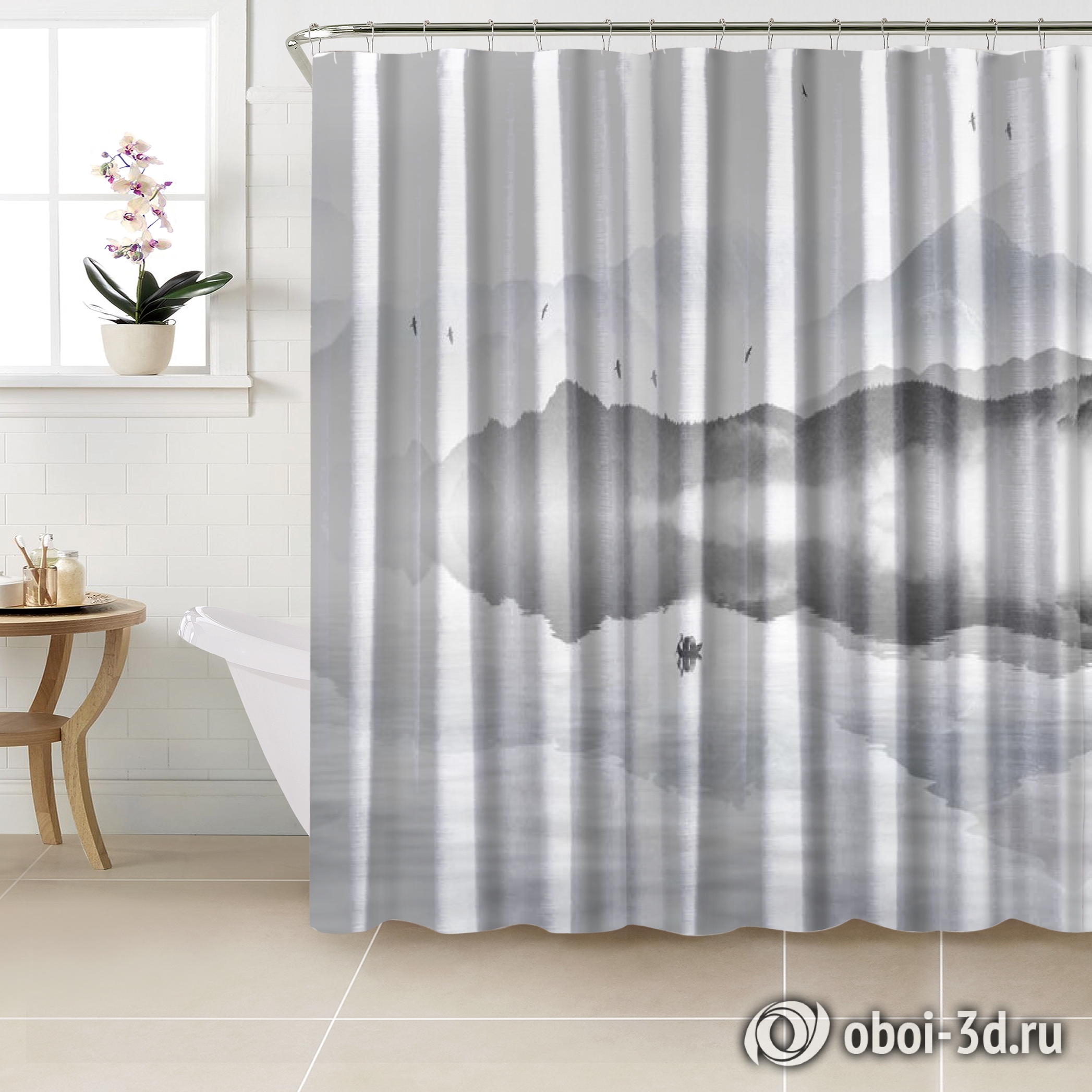 картинка Шторы для ванной «Одинокая лодка в тумане» | интернет-магазин фотообоев ARTDECO