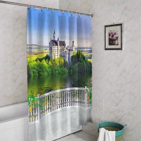 картинка 3D фотоштора для ванной «Балкон с видом на замок» | интернет-магазин фотообоев ARTDECO