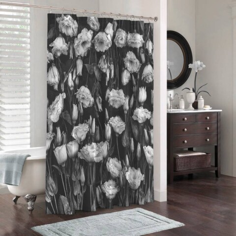 картинка 3D шторка для ванной «Цветы на темной ткани» | интернет-магазин фотообоев ARTDECO