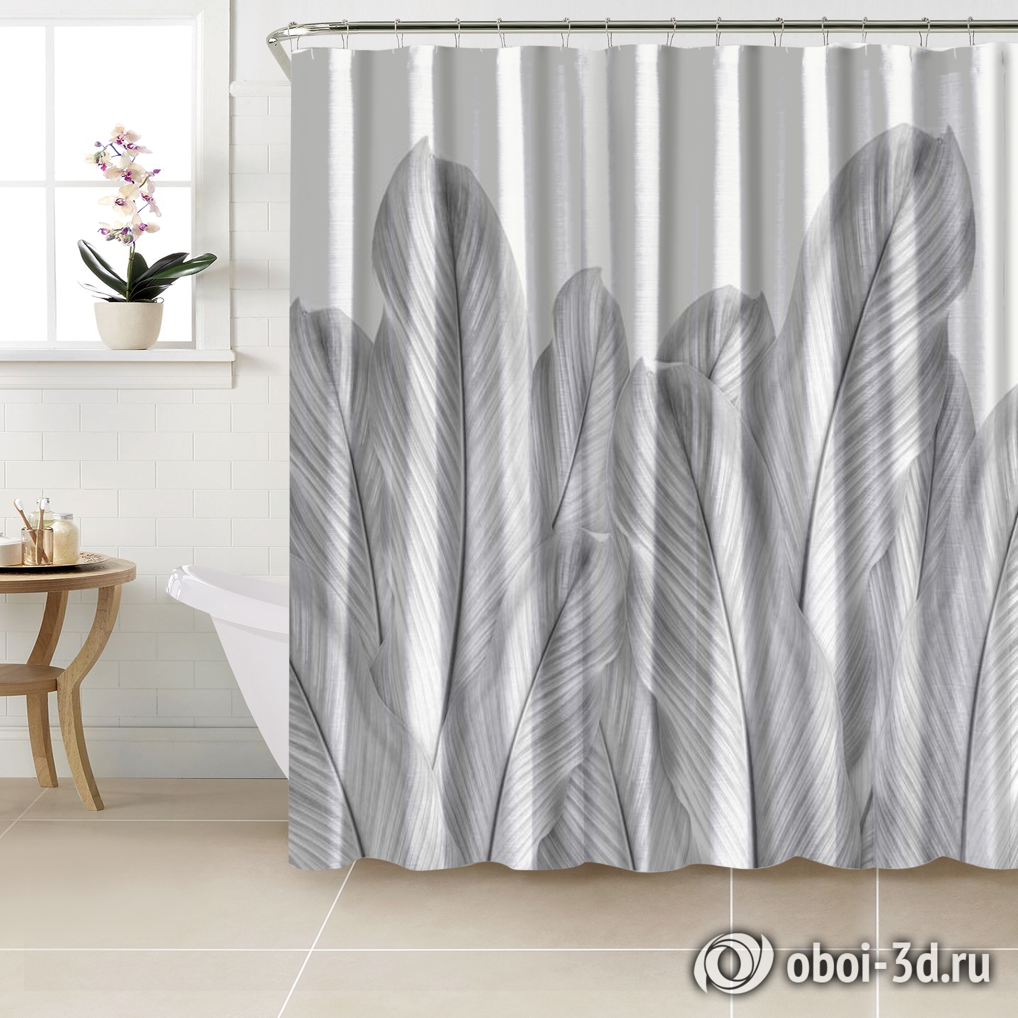 картинка Шторы для ванной «Крупные листья стального оттенка» | интернет-магазин фотообоев ARTDECO