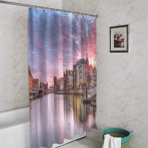 картинка Занавеска для ванной «Закат над городом» | интернет-магазин фотообоев ARTDECO