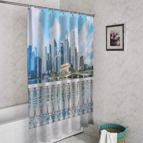 картинка 3D штора для ванны «Набережная с видом на мегаполис» | интернет-магазин фотообоев ARTDECO