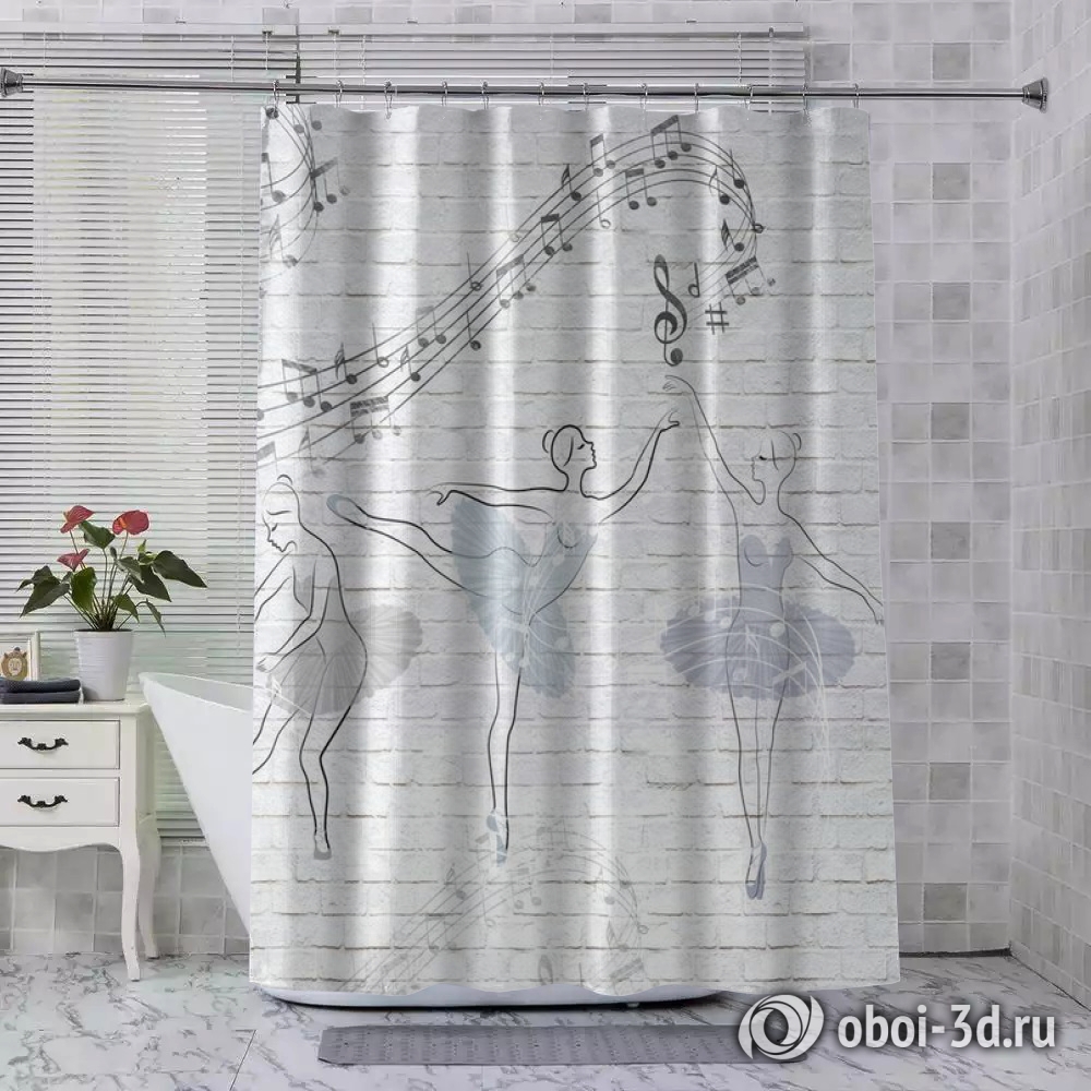 картинка Шторы для ванной «Балерины на кирпичной стене» | интернет-магазин фотообоев ARTDECO