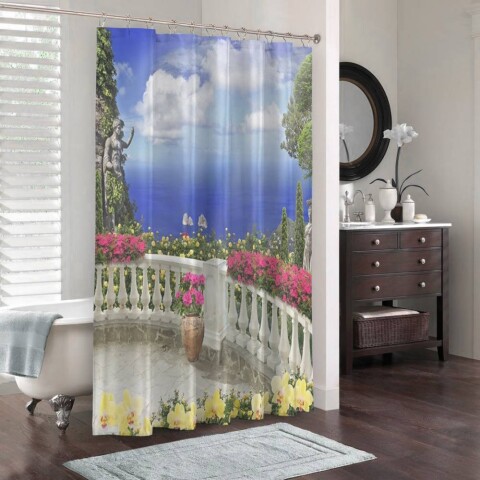 картинка 3D шторка для ванной «Античный балкон с видом на синий океан» | интернет-магазин фотообоев ARTDECO