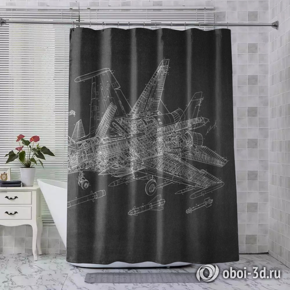 картинка Шторы для ванной «Истребитель чертеж на темном» | интернет-магазин фотообоев ARTDECO