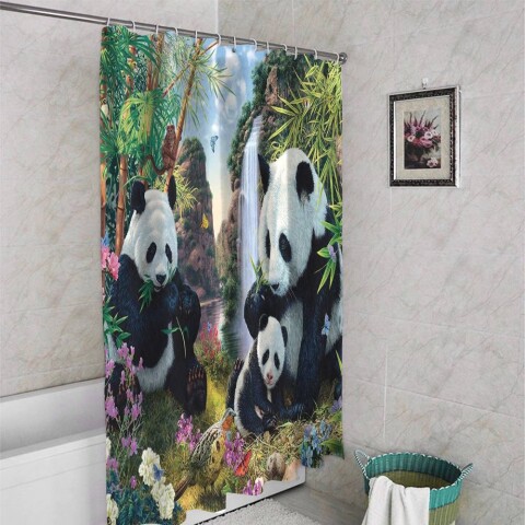картинка 3D занавеска для ванны «Семейство панд» | интернет-магазин фотообоев ARTDECO