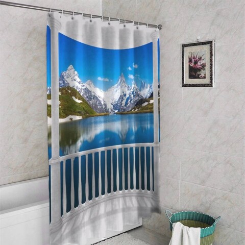 картинка 3D занавеска в ванную комнату «Балкон с видом на горы» | интернет-магазин фотообоев ARTDECO