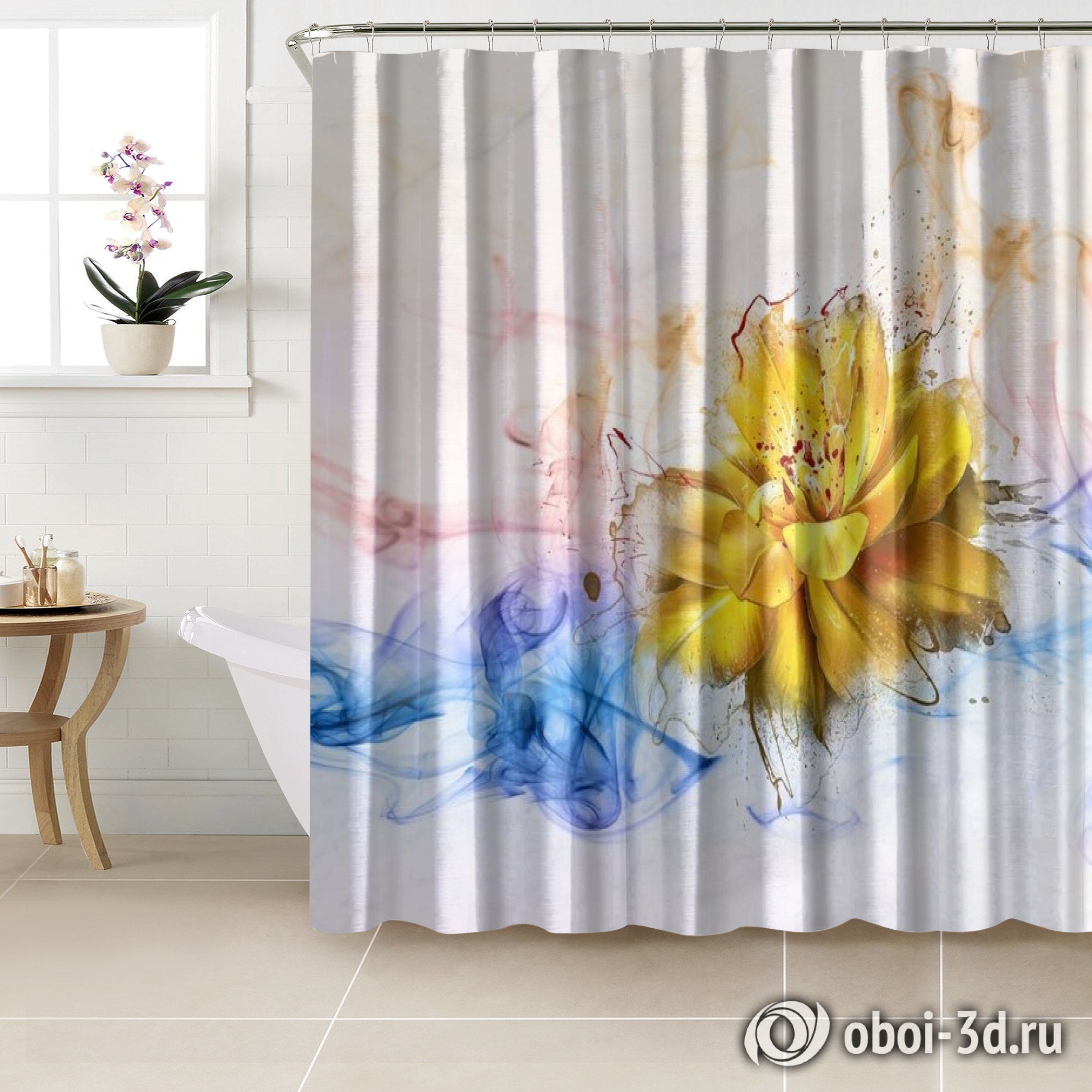 картинка Шторы для ванной «Яркий цветок в красочных потоках» | интернет-магазин фотообоев ARTDECO
