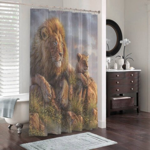 картинка 3D фотоштора для ванной «Величественные львы» | интернет-магазин фотообоев ARTDECO