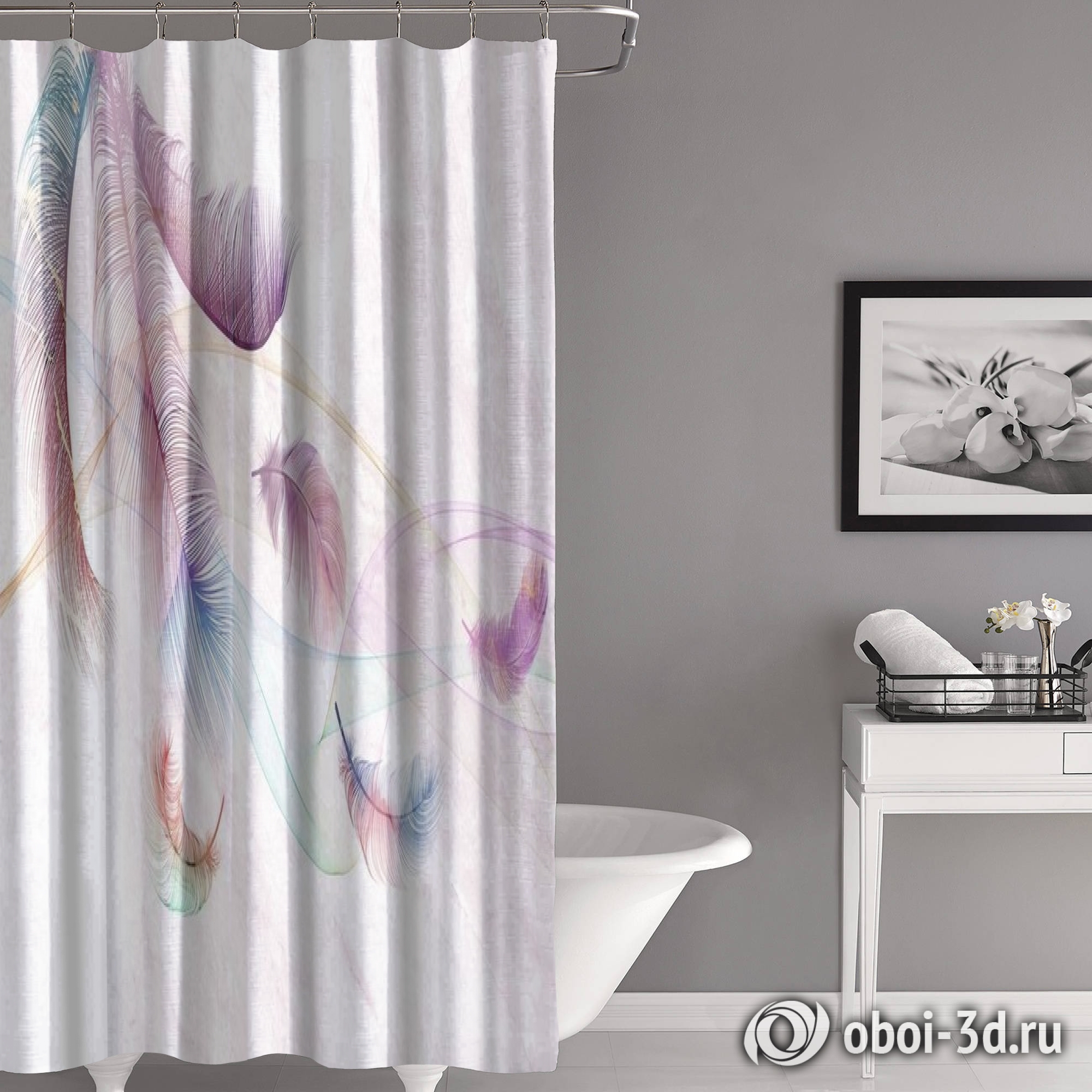 картинка Шторы для ванной «Перья в разноцветной дымке» | интернет-магазин фотообоев ARTDECO