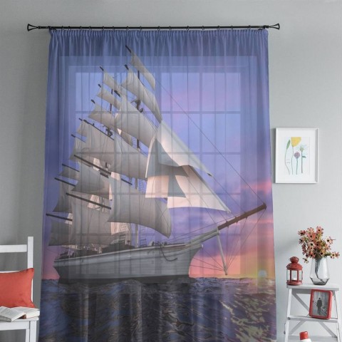 картинка 3D Тюль на окна "Парусный корабль на закате" | интернет-магазин фотообоев ARTDECO