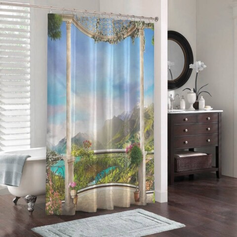 картинка 3D шторка для ванной «Рассвет в горной долине» | интернет-магазин фотообоев ARTDECO