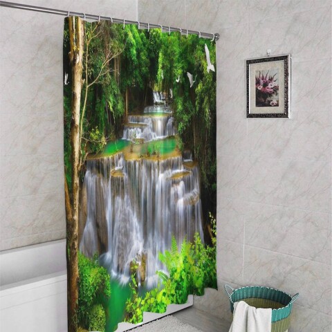 картинка 3D фотоштора для ванной «Водопад с журавлями» | интернет-магазин фотообоев ARTDECO