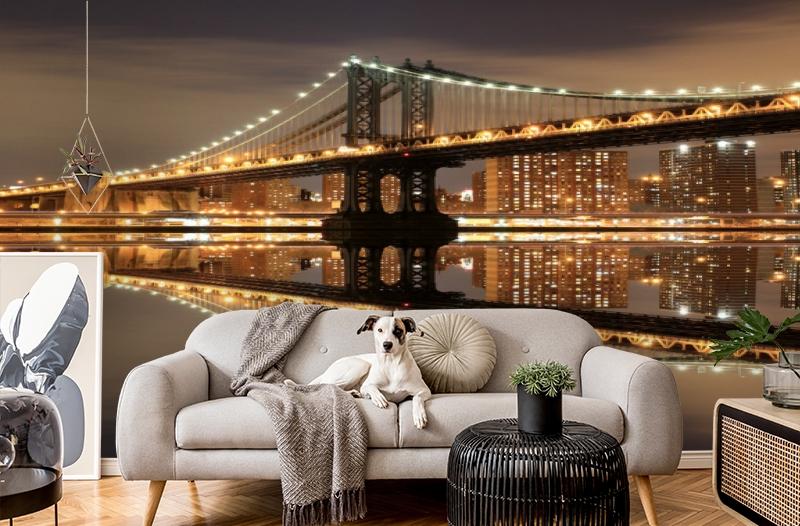 картинка 3D Фотообои  «Бруклинский мост: отражение в реке Гудзон» | интернет-магазин фотообоев ARTDECO