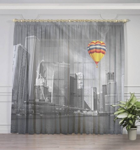 картинка 3D Тюль на окна "Воздушный шар в мегаполисе" | интернет-магазин фотообоев ARTDECO