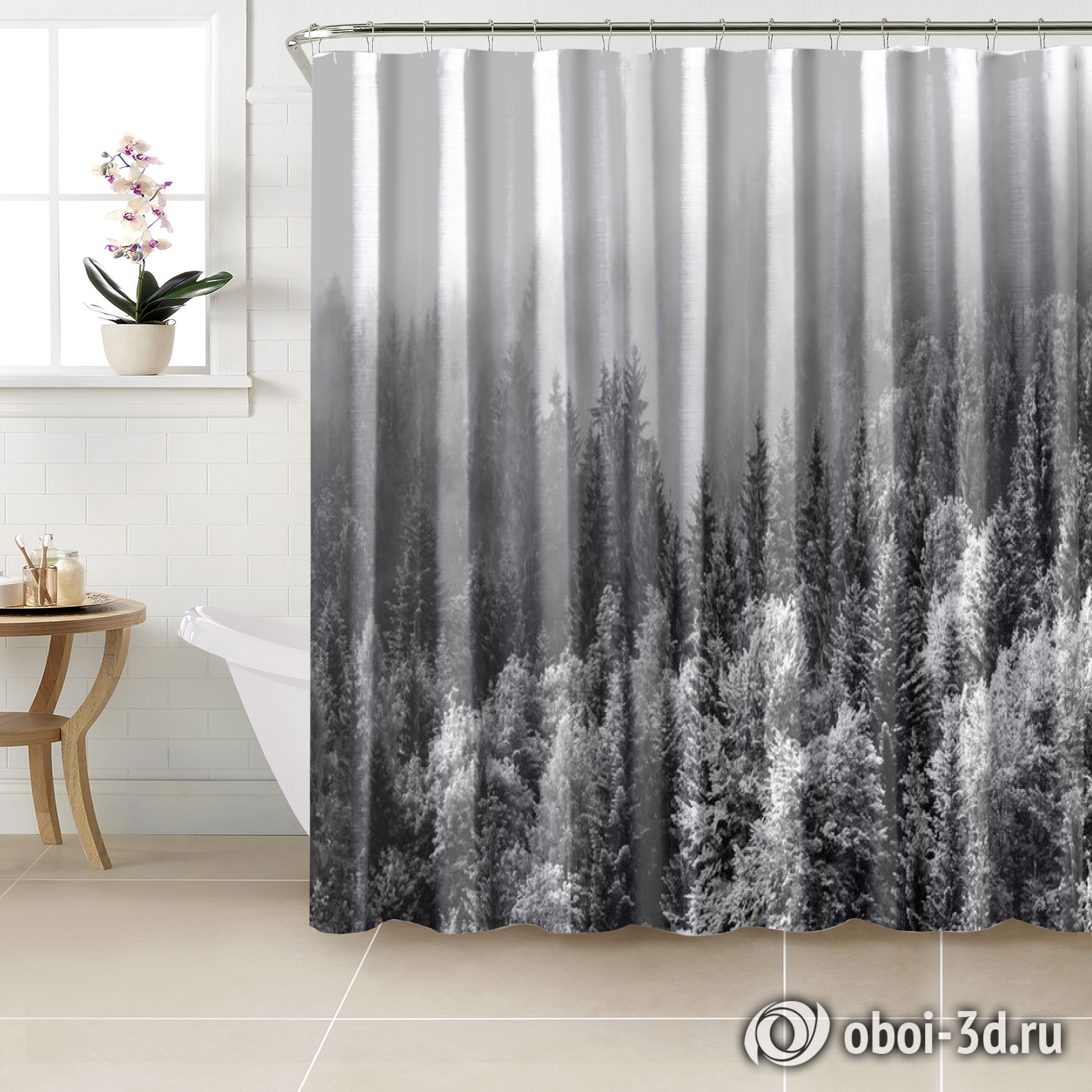 картинка Шторы для ванной «Заснеженный туманный лес» | интернет-магазин фотообоев ARTDECO