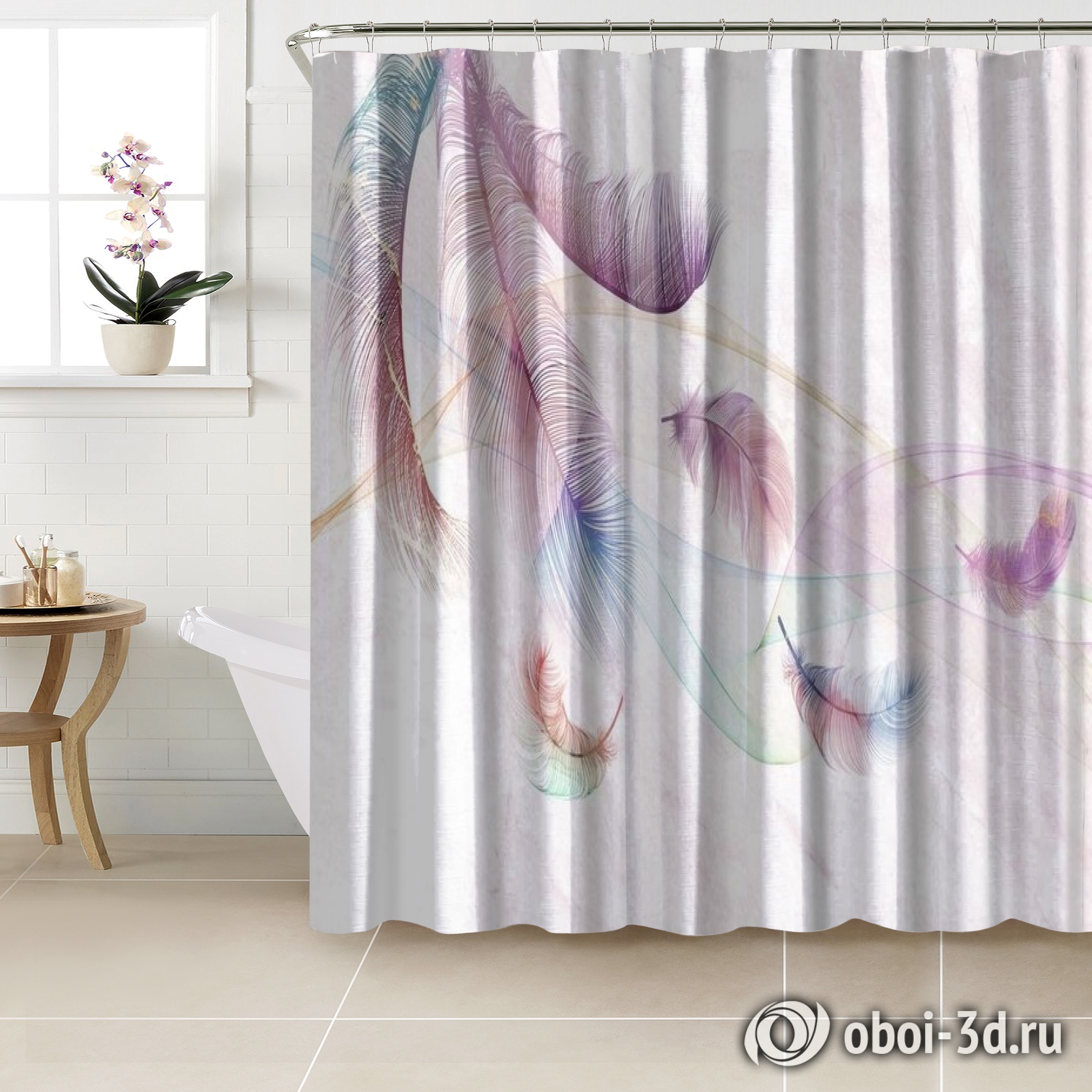 картинка Шторы для ванной «Перья в разноцветной дымке» | интернет-магазин фотообоев ARTDECO