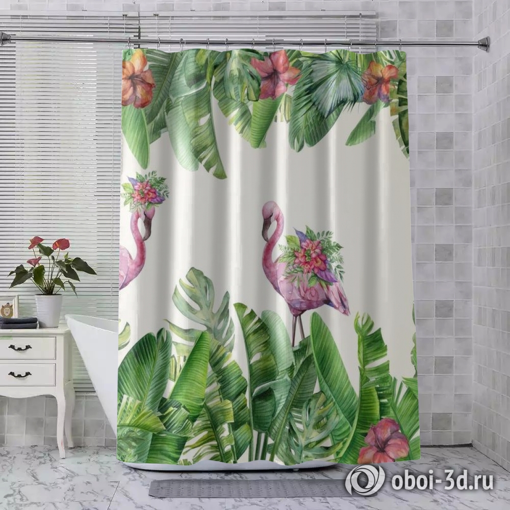 картинка Шторы для ванной «Цветущие фламинго» | интернет-магазин фотообоев ARTDECO