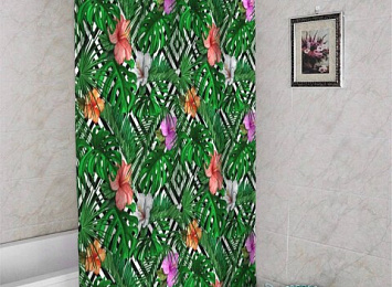 3D фото занавеска для ванной «Листья папоротника с цветами»