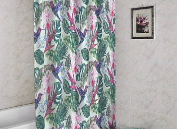 3D штора в ванную комнату «Колибри с цветами»