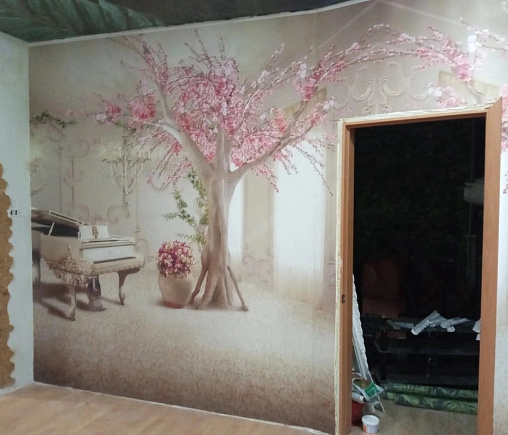 Готовые фотообои в гостиную с цветущем деревом