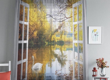 3D Тюль "Окно с видом на озеро с лебедями"