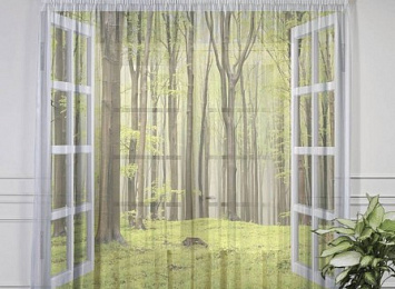 3D Тюль на окна "Окно с видом на зеленый лес"