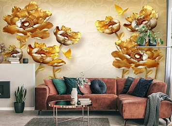 3D Фотообои «Кованые золотые цветы»
