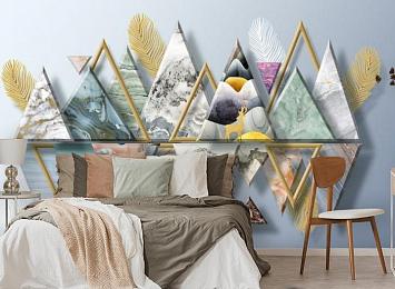3D Фотообои «Золотые перья с мраморными треугольниками»